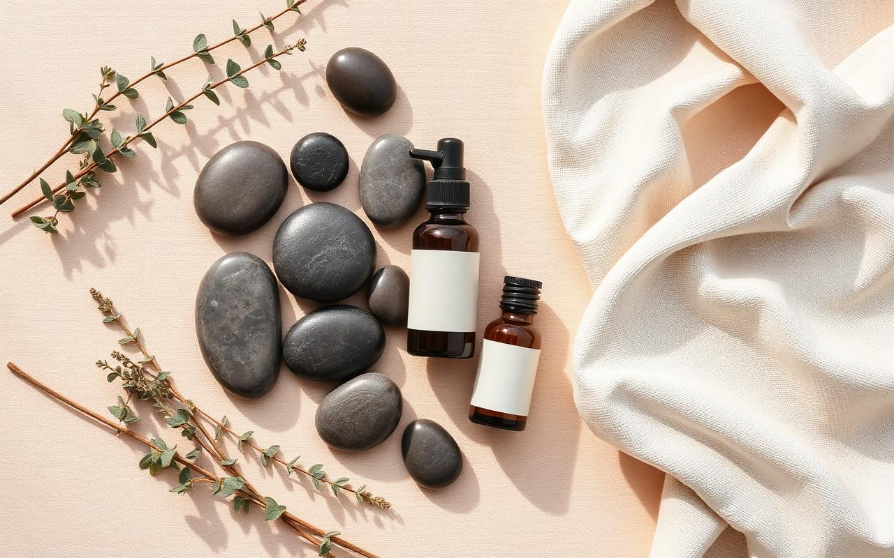 Massage oils, stones, and linen — the studio still life